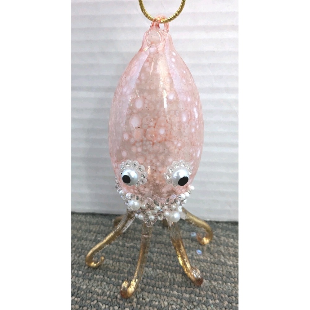 Pink Squid Glass Christmas Ornament  5.5" Gold & Pearl‎ Accents Beach Calamari